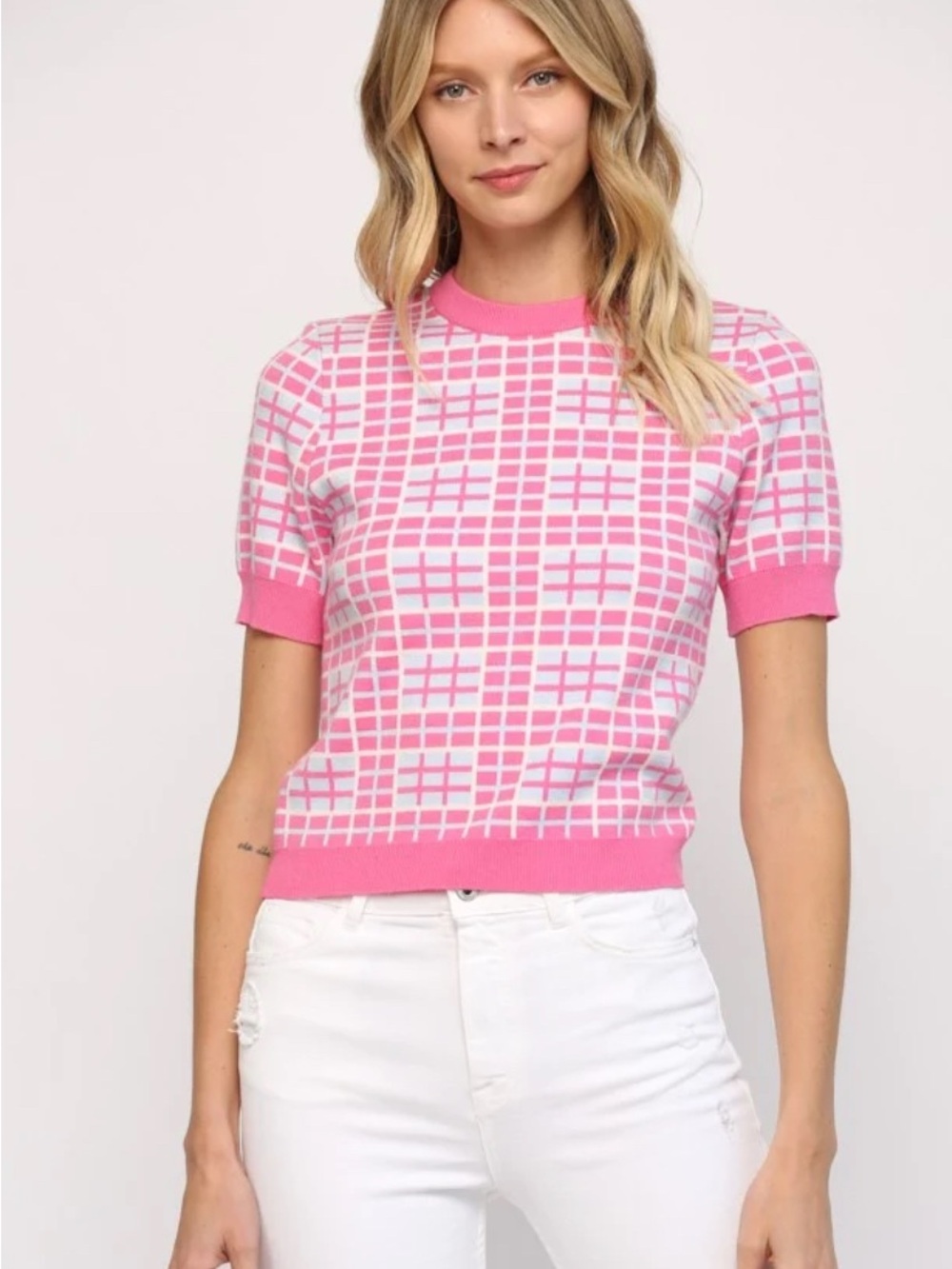 Pink Short-Sleeve Grid Knit Top